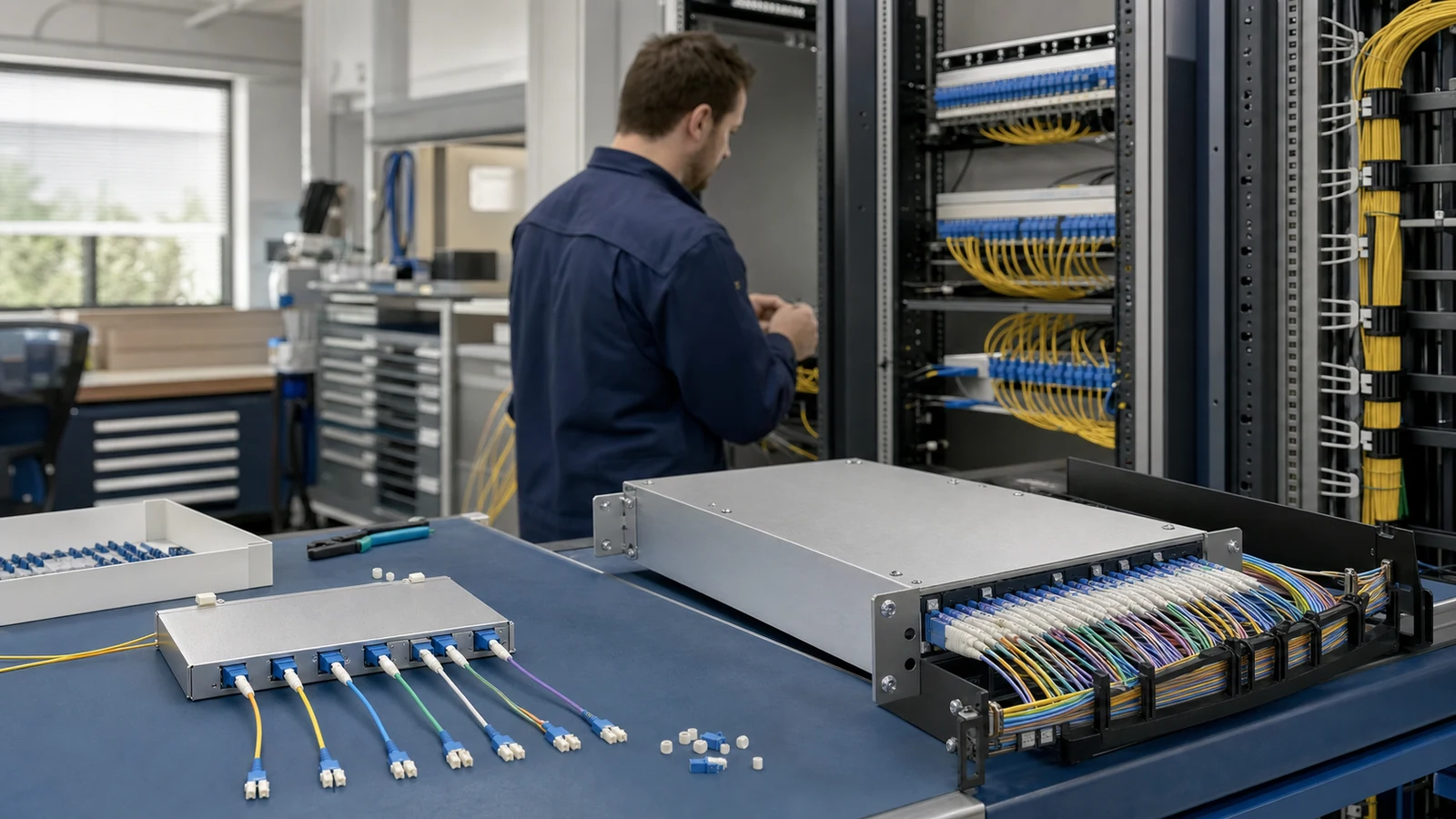 CWDM and DWDM optical multiplexing modules connected on a professional network rack