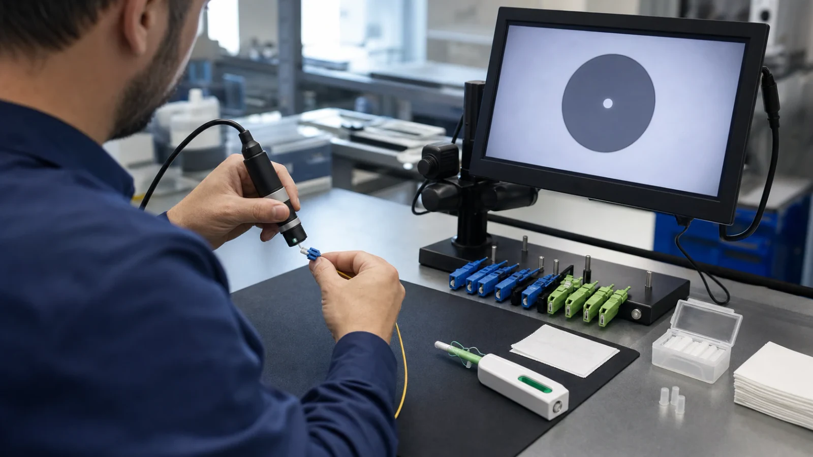 Technician inspecting and cleaning a fiber connector end face on an optical laboratory bench