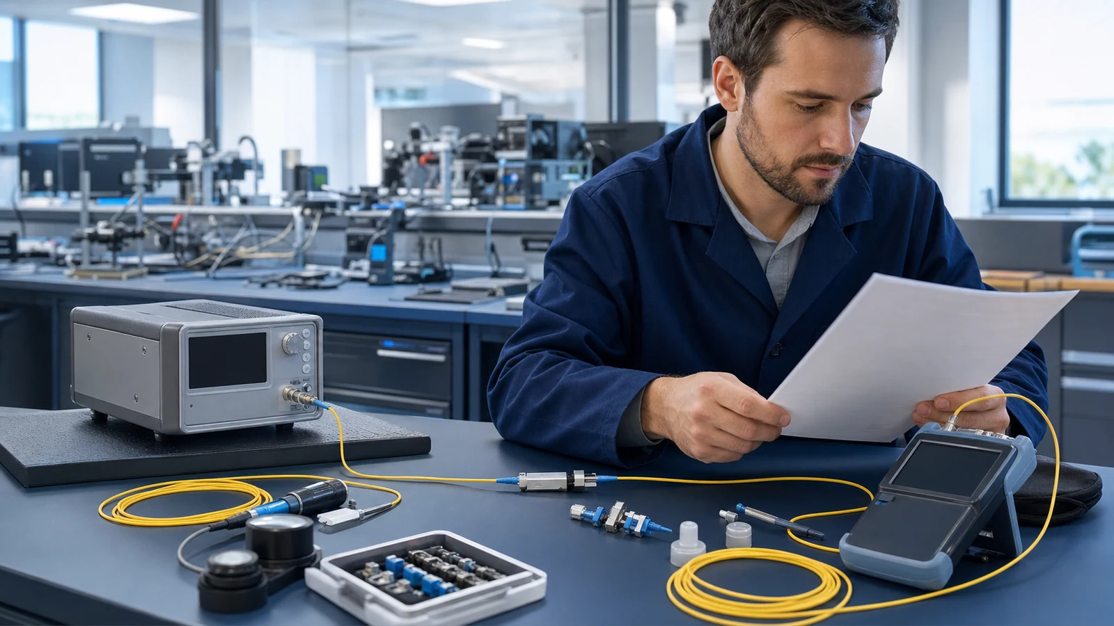 Engineer measuring an end-to-end fiber link with an optical source and power meter