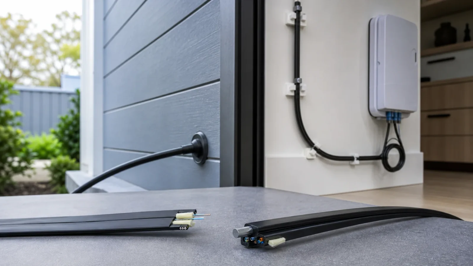 Flat and self-supporting FTTH drop cables routed through a modern residential fiber installation