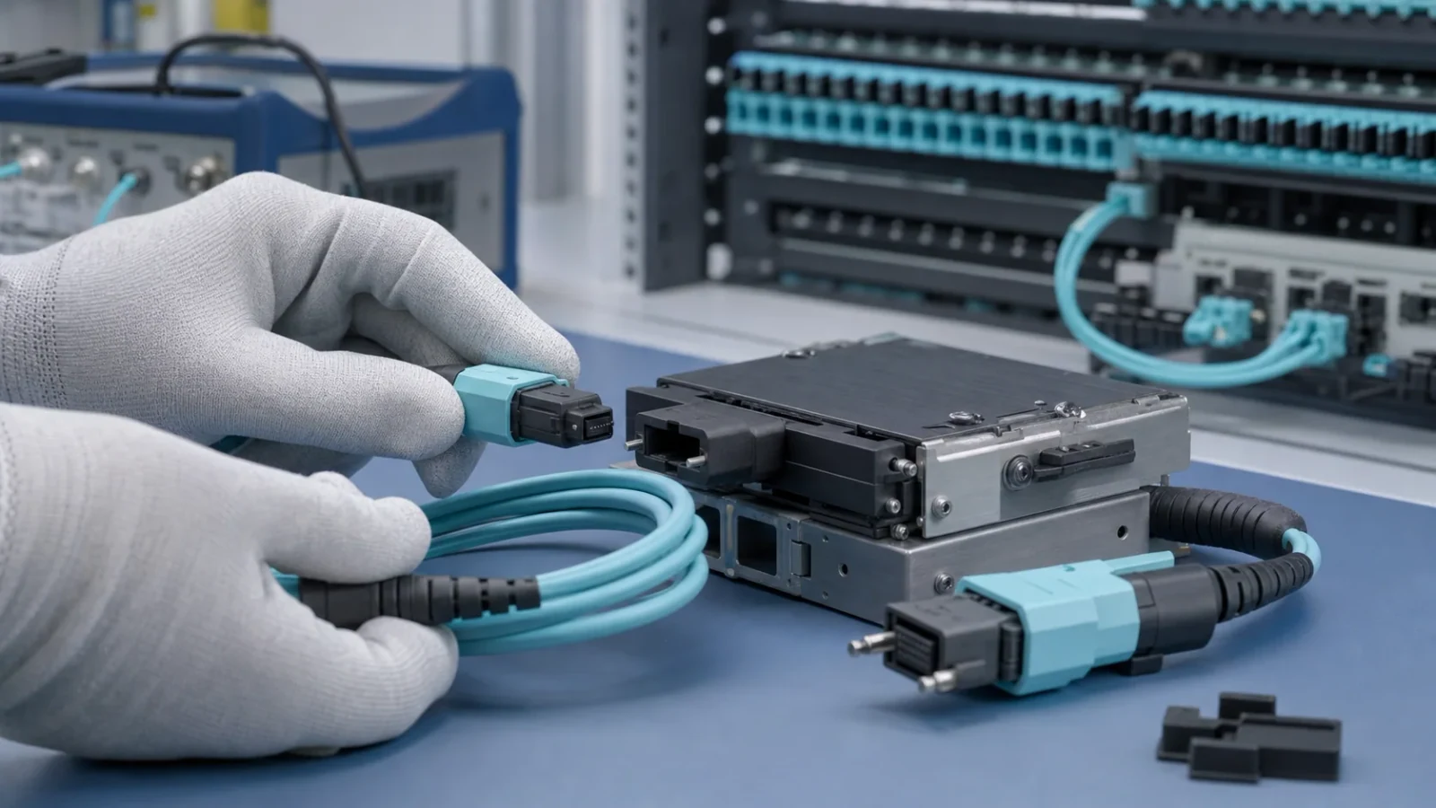 MPO multi-fiber assemblies connected to a professional polarity and continuity test bench