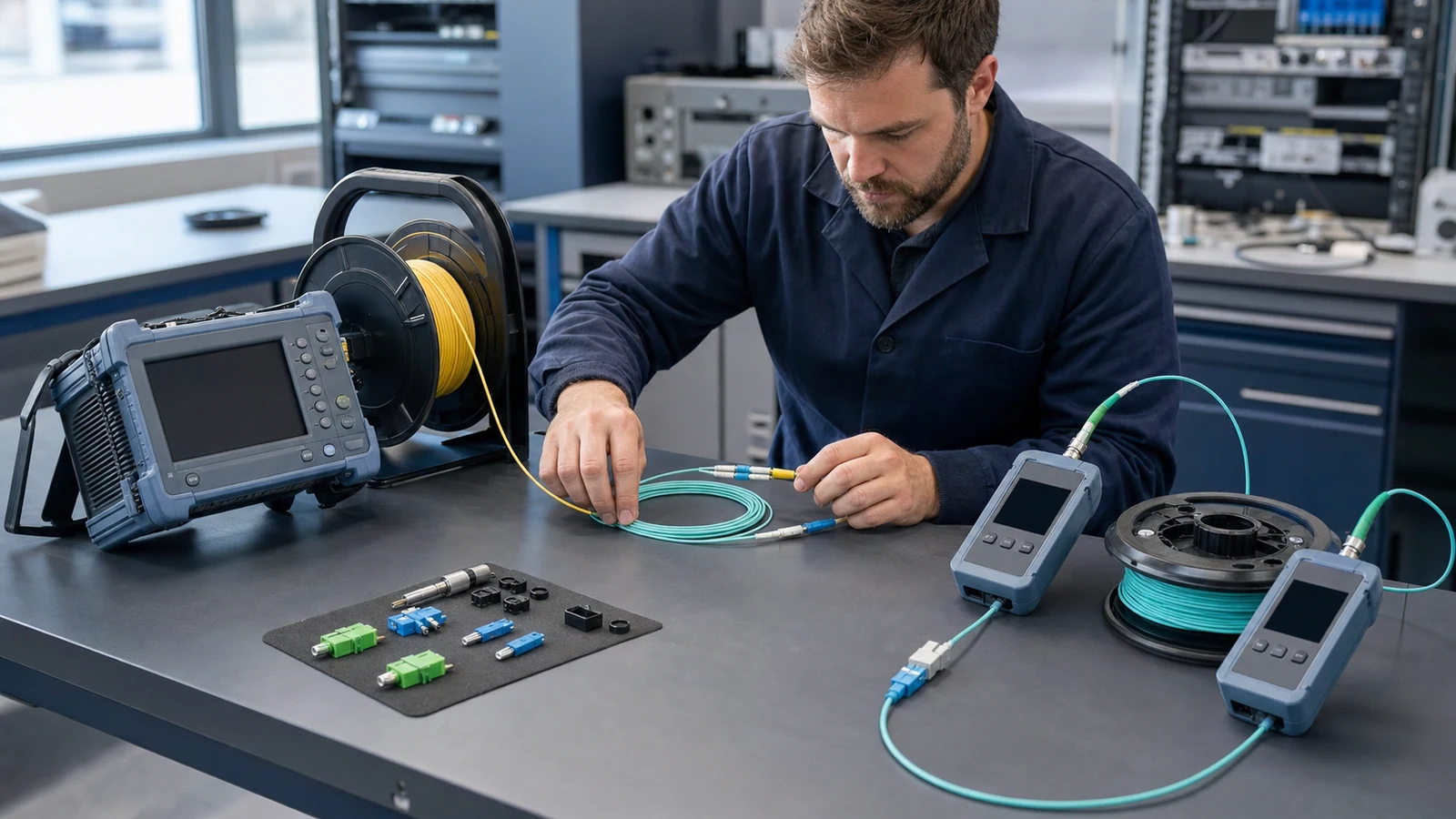 OTDR and optical loss test sets connected to fiber reels for comparative testing