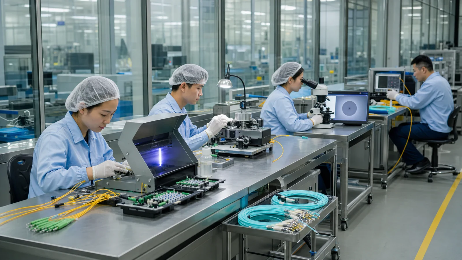 Modern fiber patch cord production line with polishing, inspection, and optical testing stations