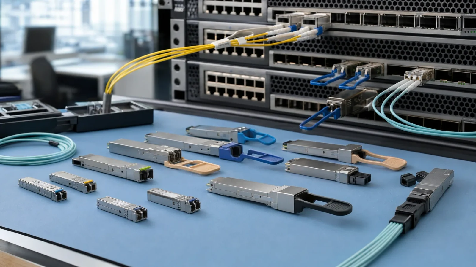 SFP, SFP plus, and QSFP optical modules arranged for engineering selection and testing