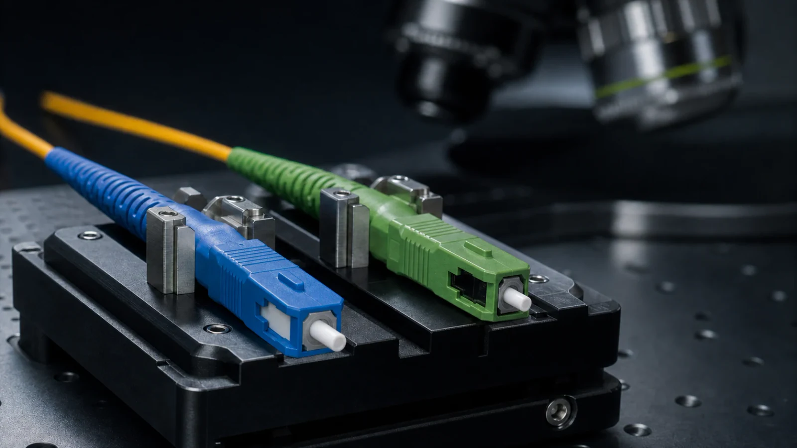 Blue UPC and green APC fiber connectors prepared for end-face inspection