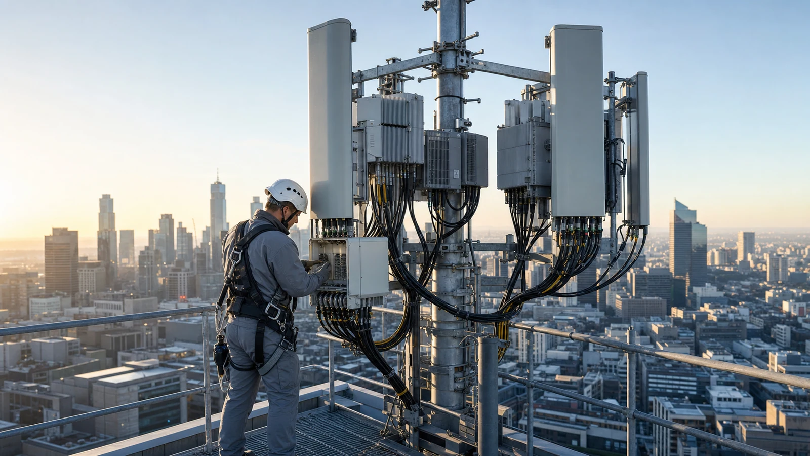 Field engineer inspecting armored fiber connections at a rooftop 5G base station