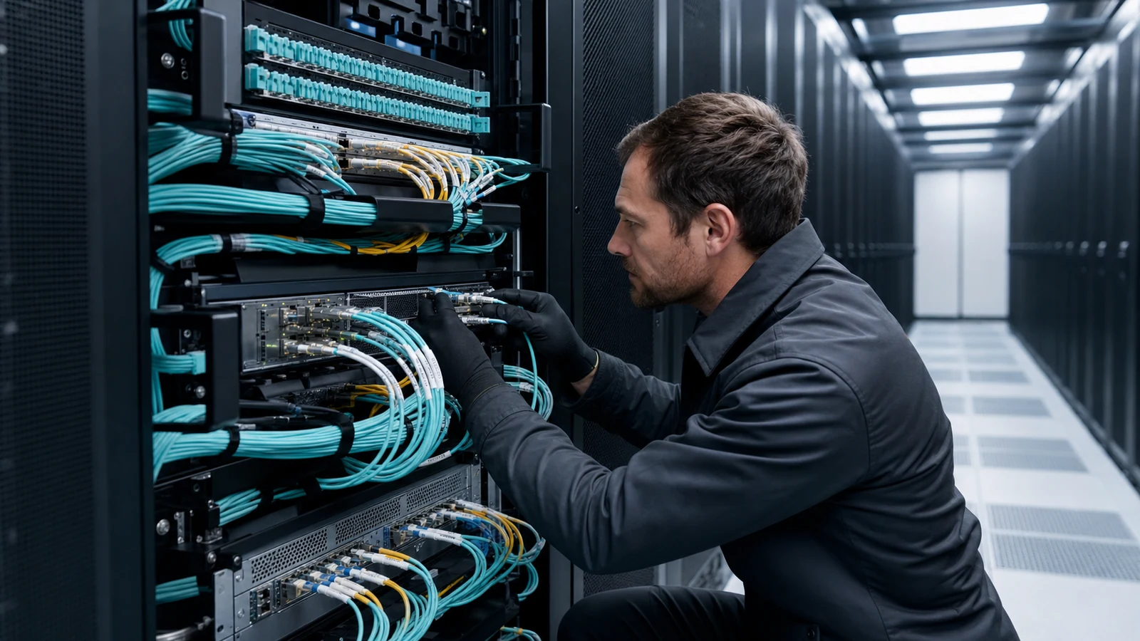 Engineer checking high-density fiber connectivity in a modern data center
