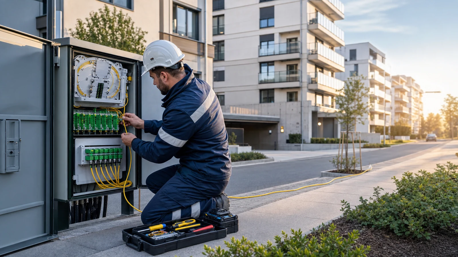 Fiber technician routing drop cable inside a residential FTTH distribution cabinet